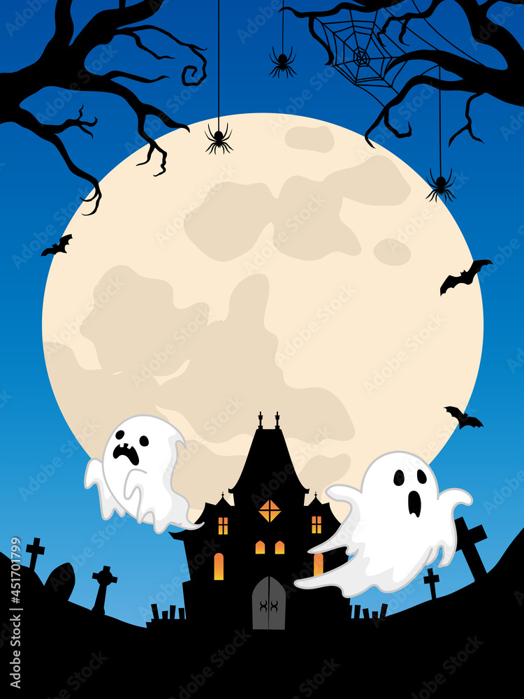 ハロウィン背景　お化け屋敷と幽霊と満月