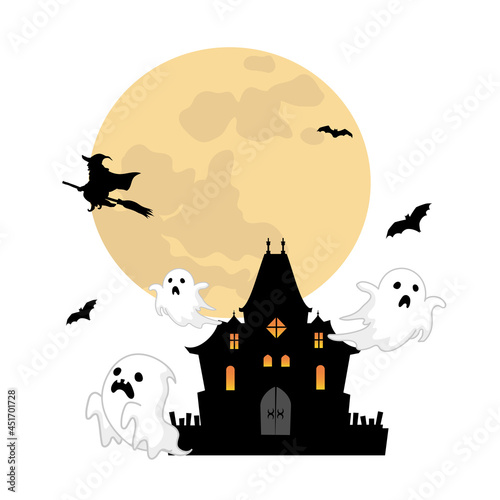 ハロウィンのイラスト　お化け屋敷から出てくる幽霊達と魔女