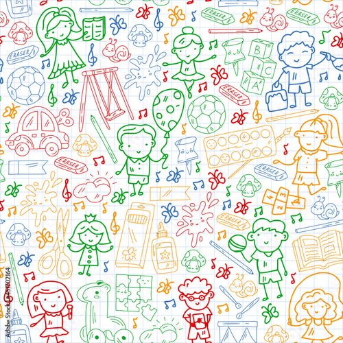 Children play with toys in the kindergarten. Kids playground. Education, creativity, imagination.