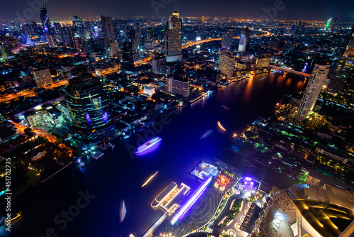 The scenic view curved of the Chao Phraya River in Bangkok city downtown at sunset  capital of Thailand