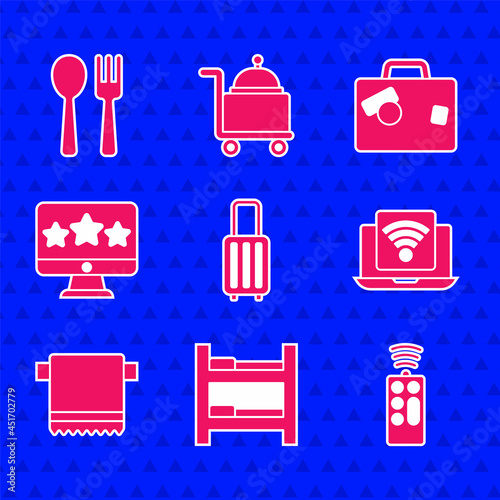 Set Suitcase, Hotel room bed, Remote control, Wireless laptop, Towel hanger, Five stars rating review, and Fork and spoon icon. Vector
