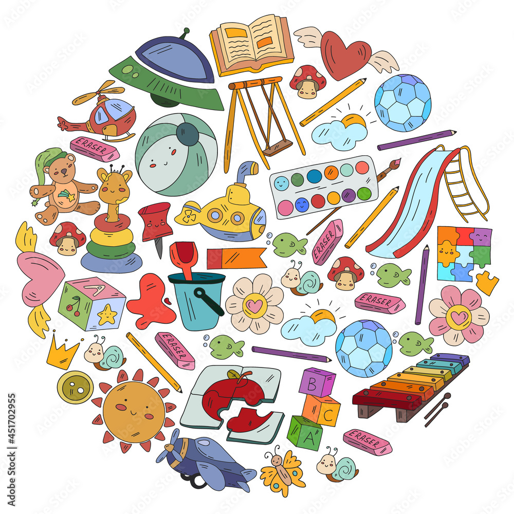 Children play with toys in the kindergarten. Kids playground. Education, creativity, imagination. Children play with toys in the kindergarten. Kids playground. Education, creativity, imagination.