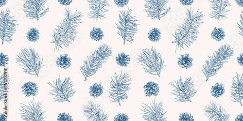 Christmas seamless pattern with pine branches, cones. Blue and White.