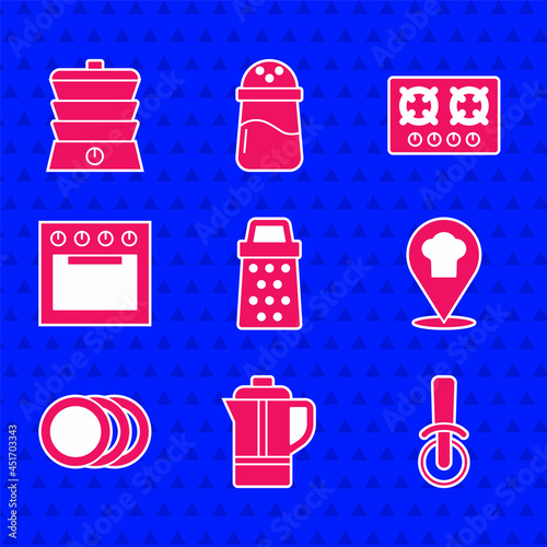Set Grater, Teapot, Pizza knife, Chef hat with location, Plate, Oven, Gas stove and Slow cooker icon. Vector