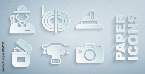 Set African buffalo head, Hunter hat, Lighter, Photo camera, Climber rope and icon. Vector