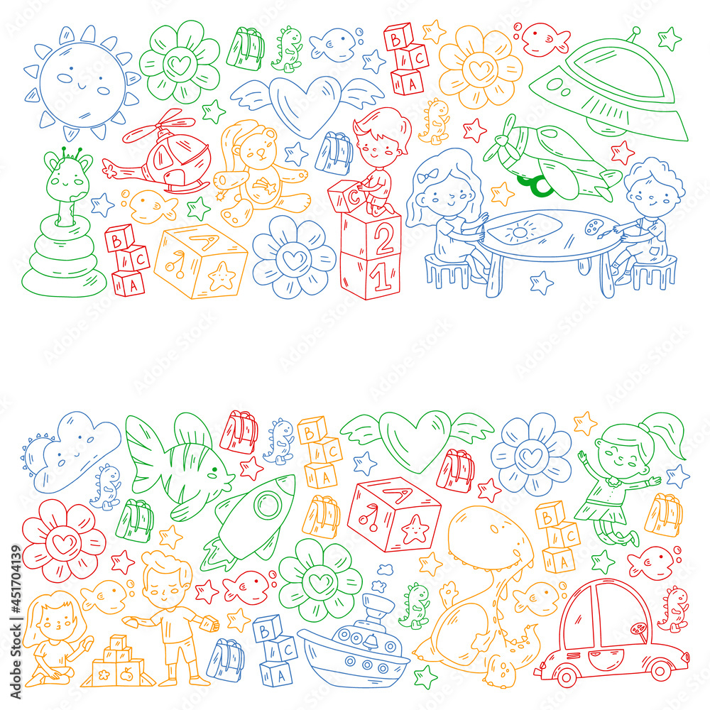 Children play with toys in the kindergarten. Kids playground. Education, creativity, imagination.