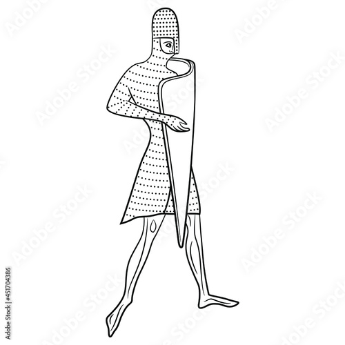 Standing medieval knight wearing chain mail and a helmet. Black and white linear silhouette.
