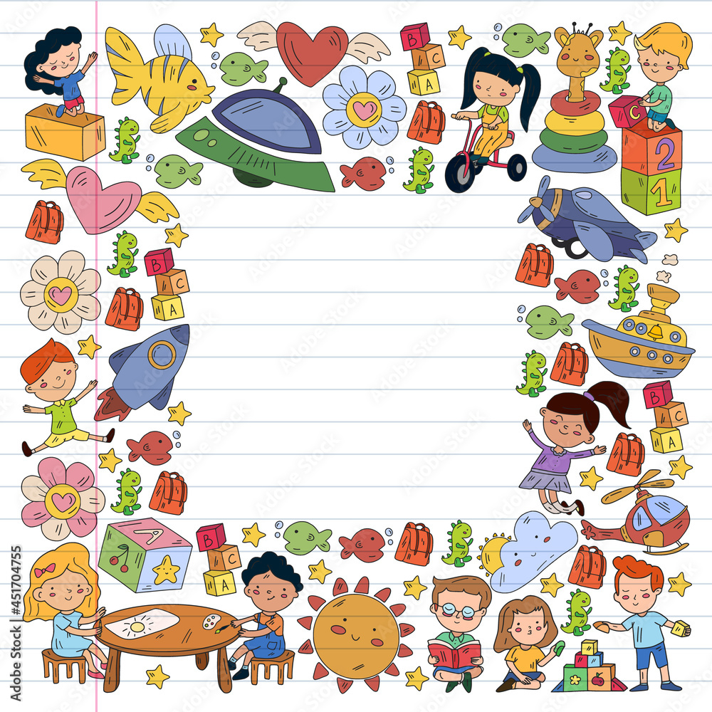 Children play with toys in the kindergarten. Kids playground. Education, creativity, imagination. Children play with toys in the kindergarten. Kids playground. Education, creativity, imagination.