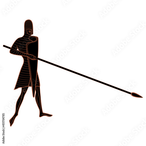 Standing medieval knight in chain mail and a helmet holding long spear or lance. Black and orange negative silhouette.