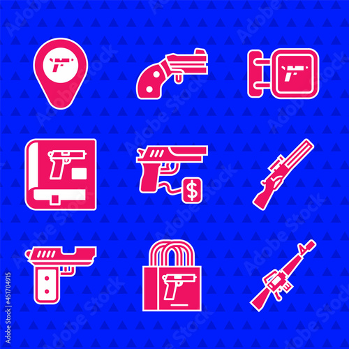 Set Buying gun pistol, M16A1 rifle, Hunting, Pistol or, Book with, shop weapon and Location icon. Vector