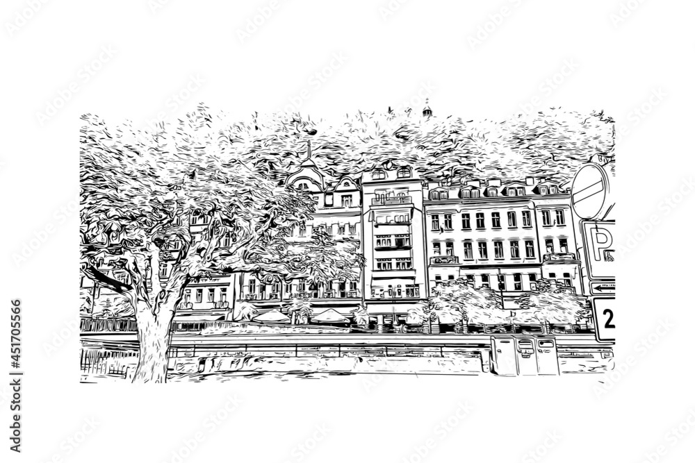 Fototapeta premium Building view with landmark of Karlovy Vary is the city in the Czech Republic. Hand drawn sketch illustration in vector.