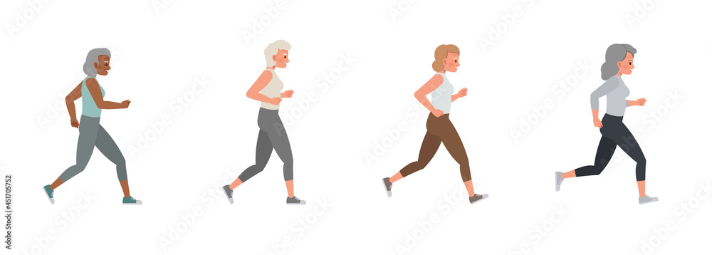 Set of old woman running character vector design. Group of people jogging exercising together.