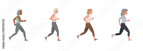 Set of old woman running character vector design. Group of people jogging exercising together.