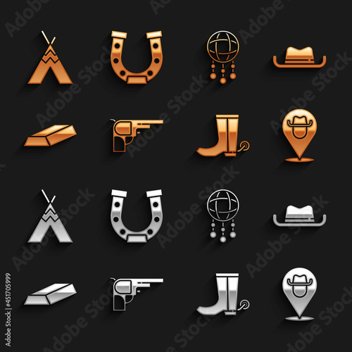 Set Revolver gun, Western cowboy hat, Location, Cowboy boot, Gold bars, Dream catcher with feathers, Indian teepee or wigwam and Horseshoe icon. Vector