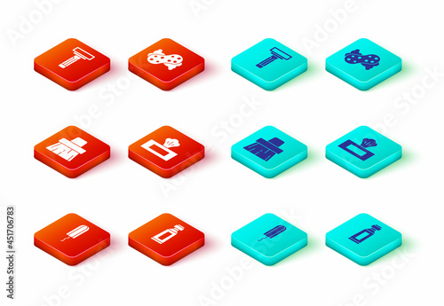 Set Sanitary tampon, Tube of toothpaste, Handle broom, Wet wipe pack, Sponge and Shaving razor icon. Vector