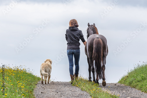 Canvas Print Dogs and horses concept: A woman walks her dog and her horse on a country lane