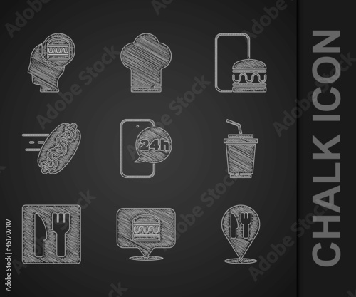 Set Food ordering, Online burger delivery, Cafe and restaurant location, Paper glass with water, hotdog, and icon. Vector