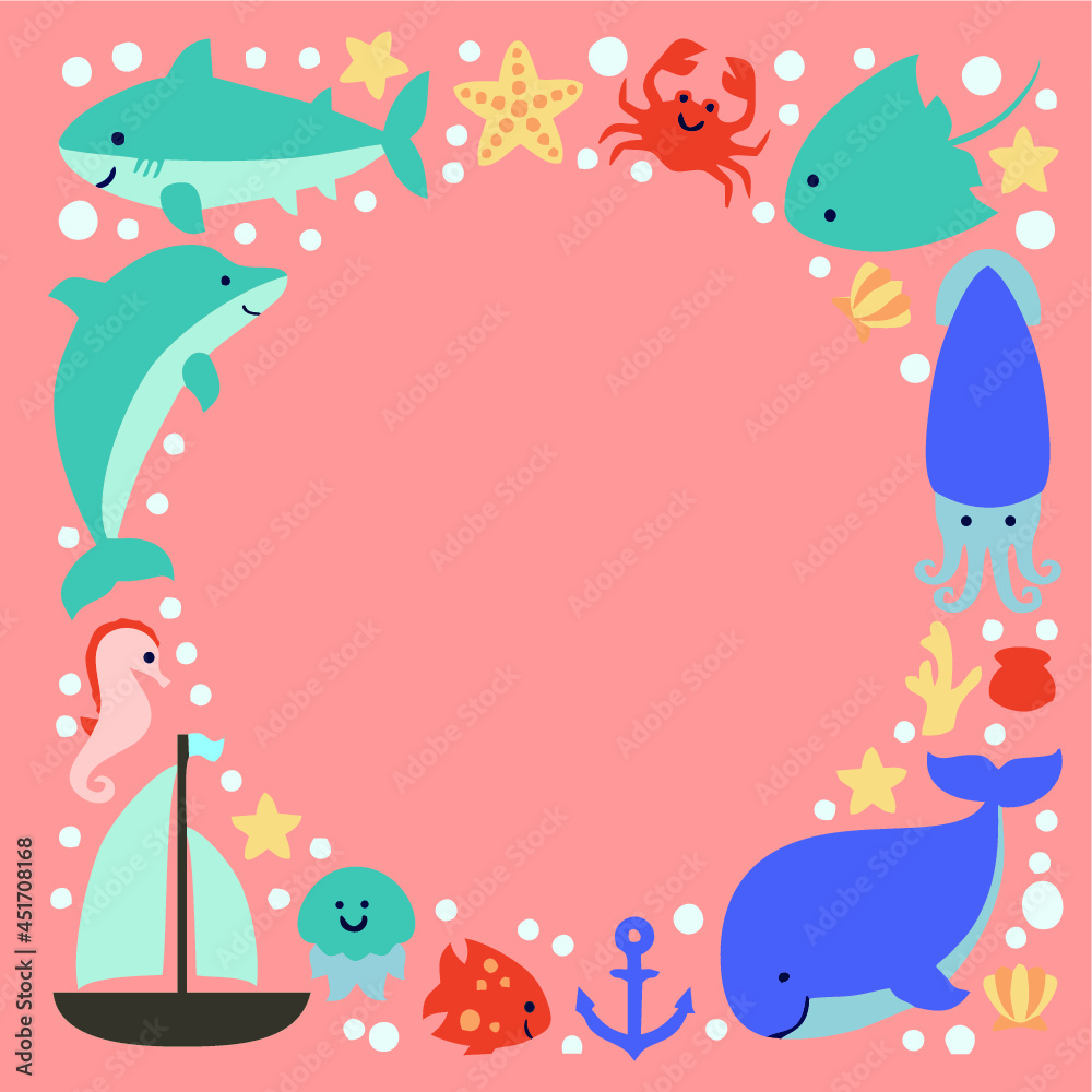 set of animals from the bottom of the sea, in a cartoonish, fun and childish style.