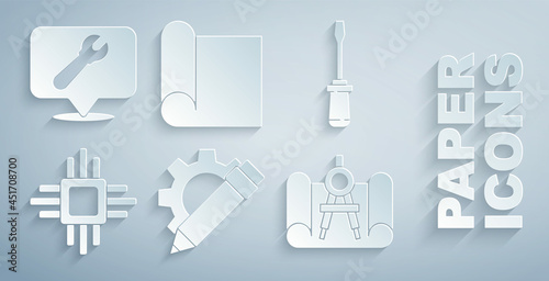Set Pencil and gear, Screwdriver, Processor with microcircuits CPU, Graphing paper compass, for engineering and Location wrench spanner icon. Vector