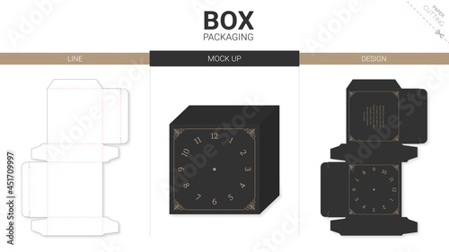 Box packaging and mockup die cut template clock