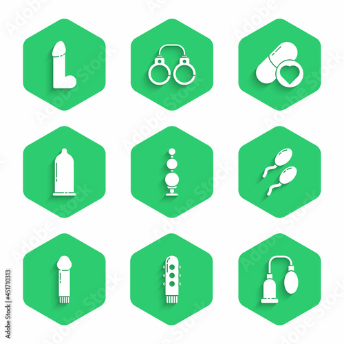 Set Anal beads, Dildo vibrator, Penis pump, Sperm, Condom, Pills for potency, aphrodisiac and icon. Vector