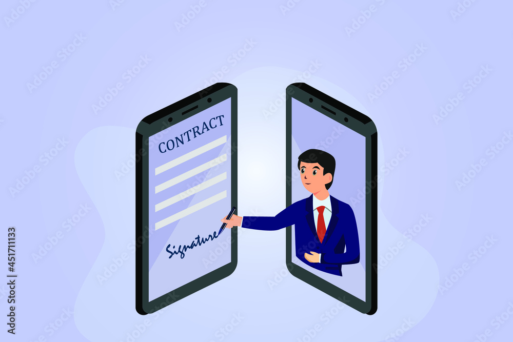 Business signature vector concept. Businessman writes an online contract signature on smart phone screen Business signature vector concept. Businessman writes an online contract signature on smart phone screen