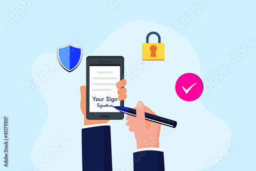 Business signature vector concept. Businessman hand writes an online signature on the mobile phone screen