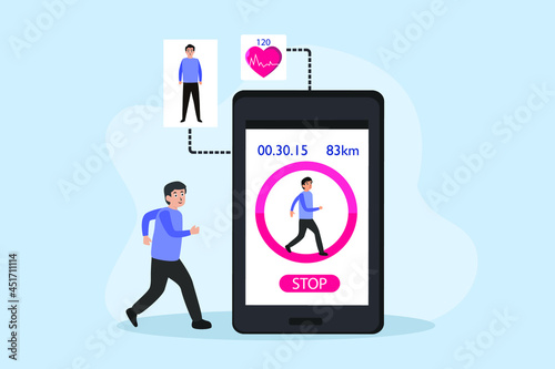 Fitness apps vector concept. Man jogging with fitness apps on mobile phone