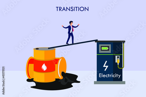 Business transition vector concept. Businessman walking from oil barrel to electricity energy.