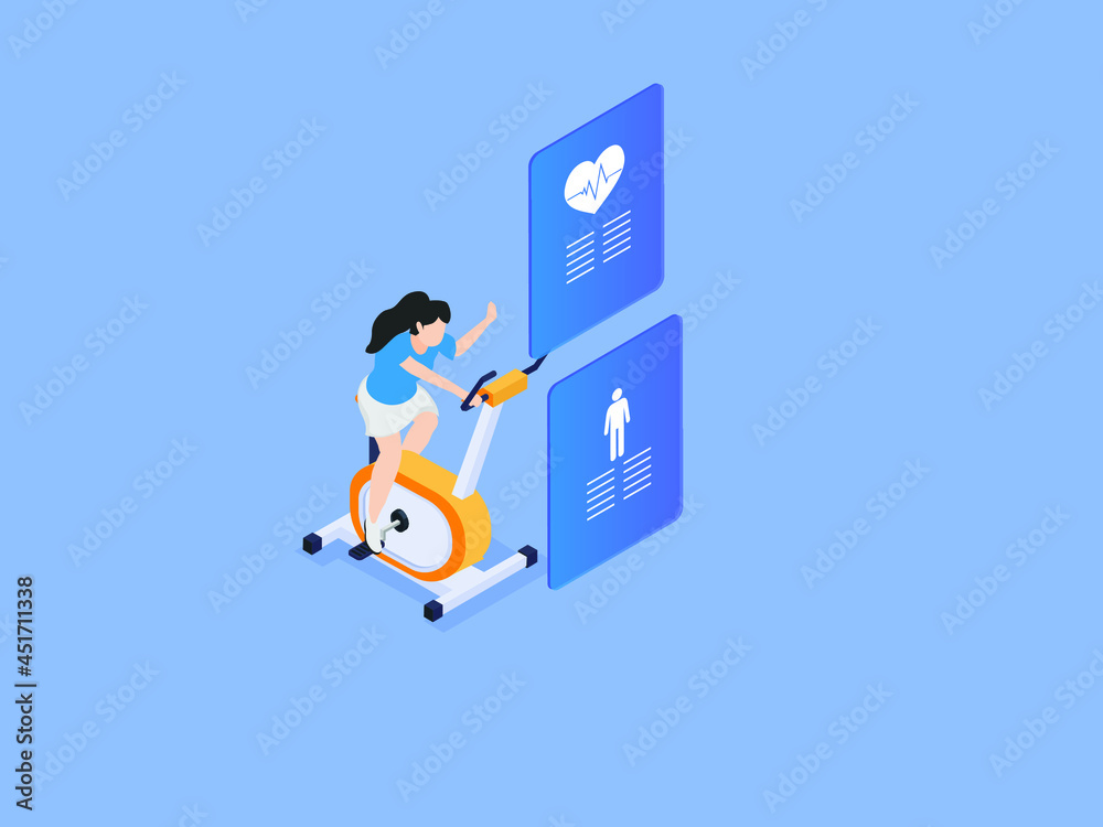 Workout application isometric vector concept. Woman riding exercise bike while using workout interface on virtual screen Workout application isometric vector concept. Woman riding exercise bike while using workout interface on virtual screen