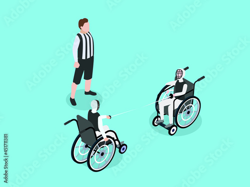Handicapped fencers with fencing sword having fight in a competition while sitting on wheelchair. isometric vector concept
