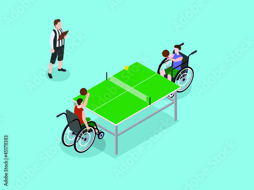 Handicapped table tennis player competing in a championship. Isometric vector concept