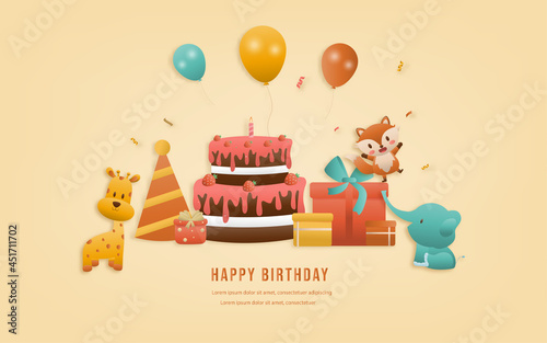 Birthday greeting card Cute jungle animal on train sky background. celebrate children's birthdays and template invitation paper and papercraft style vector illustration. Theme happy birthday.