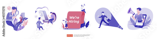 recruitment and employer hiring concept with businessman people character. vacancy interview process for social media job template, web landing page, banner, HR presentation. Vector illustration set