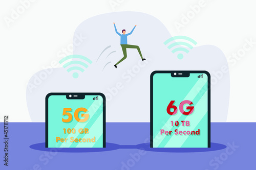 6G Connection vector concept: Young man jumping from 5G toward 6G connection on smart phone 