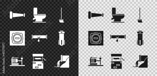 Set Industry metallic pipe, Toilet bowl, Mop, Electric water pump, Well, Wastewater, Manhole sewer cover and Broken with leaking icon. Vector