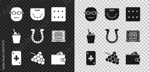 Set Poker player, table, Game dice, Playing card with clubs, Casino slot machine grape, Wallet money, Champagne an bucket and Horseshoe icon. Vector