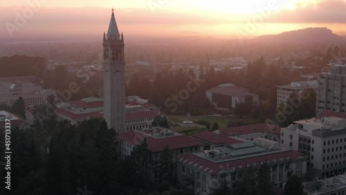 Aerial: Berkeley University & The Cal Campus Campanile at sunset, Oakland, USA photo