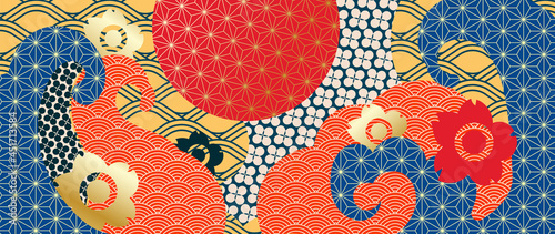 Modern luxury oriental style background vector. Mountain and sun 
landscape wallpaper. Japanese , Chinese oriental line art with golden texture. Natural Wall arts for print and home decor.