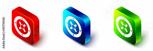 Isometric Safe icon isolated on white background. The door safe a bank vault with a combination lock. Reliable Data Protection. Red, blue and green square button. Vector