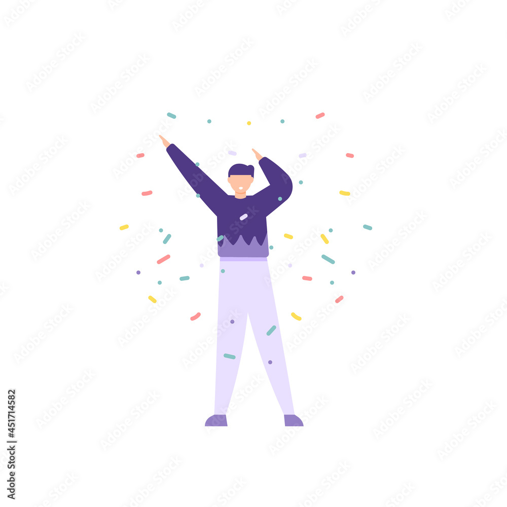 illustration of a boy celebrating a party. people activity. birthday, celebration, festival, event. surrounded by confetti. flat cartoon style. vector design