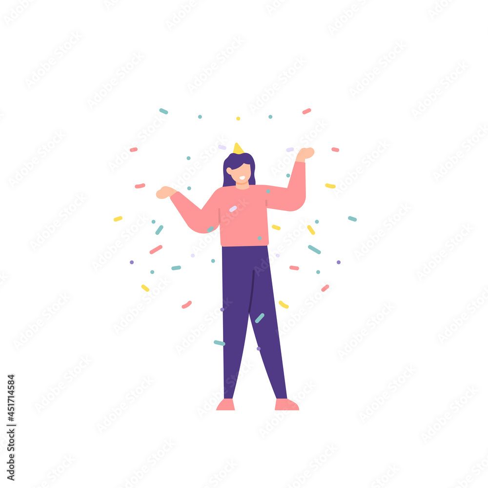illustration of a girl celebrating a party. people activity. birthday, celebration, festival, event. surrounded by confetti. flat cartoon style. vector design