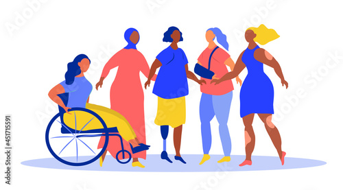 vector illustration on the theme of inclusiveness, body positive. diversity of people. women of different races, women with disabilities. trend illustration in flat style