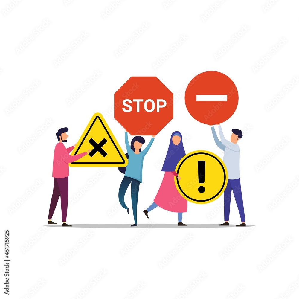 People hold caution sign design concept vector illustration