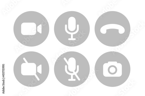 Virtual hangouts icons for conference call. On and off video, sound, camera and call icons isolated on white background. Flat vector illustration photo