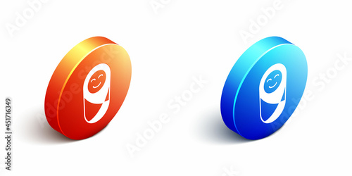 Isometric Newborn baby infant swaddled or swaddling icon isolated on white background. Baby kid child wrapped in blanket clothes. Orange and blue circle button. Vector
