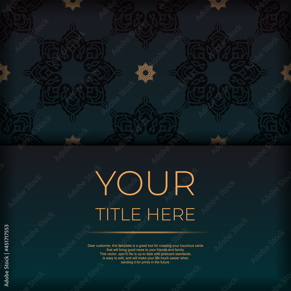 Presentable Ready-to-print postcard design in dark green color with arabic patterns. Invitation card template with vintage ornament.