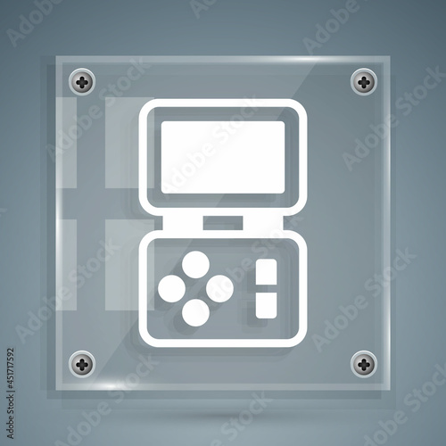 White Portable tetris electronic game icon isolated on grey background. Vintage style pocket brick game. Interactive playing device. Square glass panels. Vector