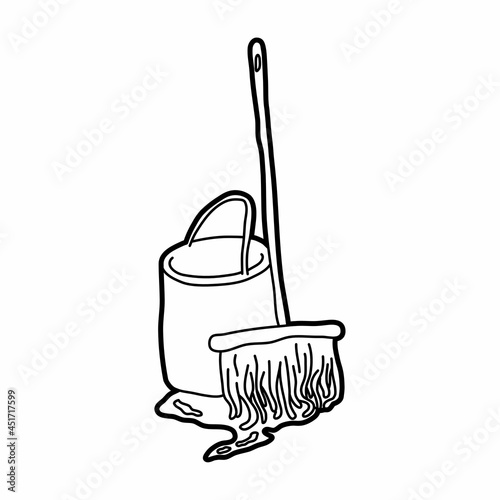 brush mop broom and bucket lineart vector illustration icon design template with doodle hand drawn style for cleaning and print coloring book
