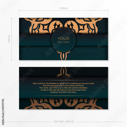 Presentable Ready-to-print postcard design in dark green color with arabic patterns. Vector Invitation card template with vintage ornament.